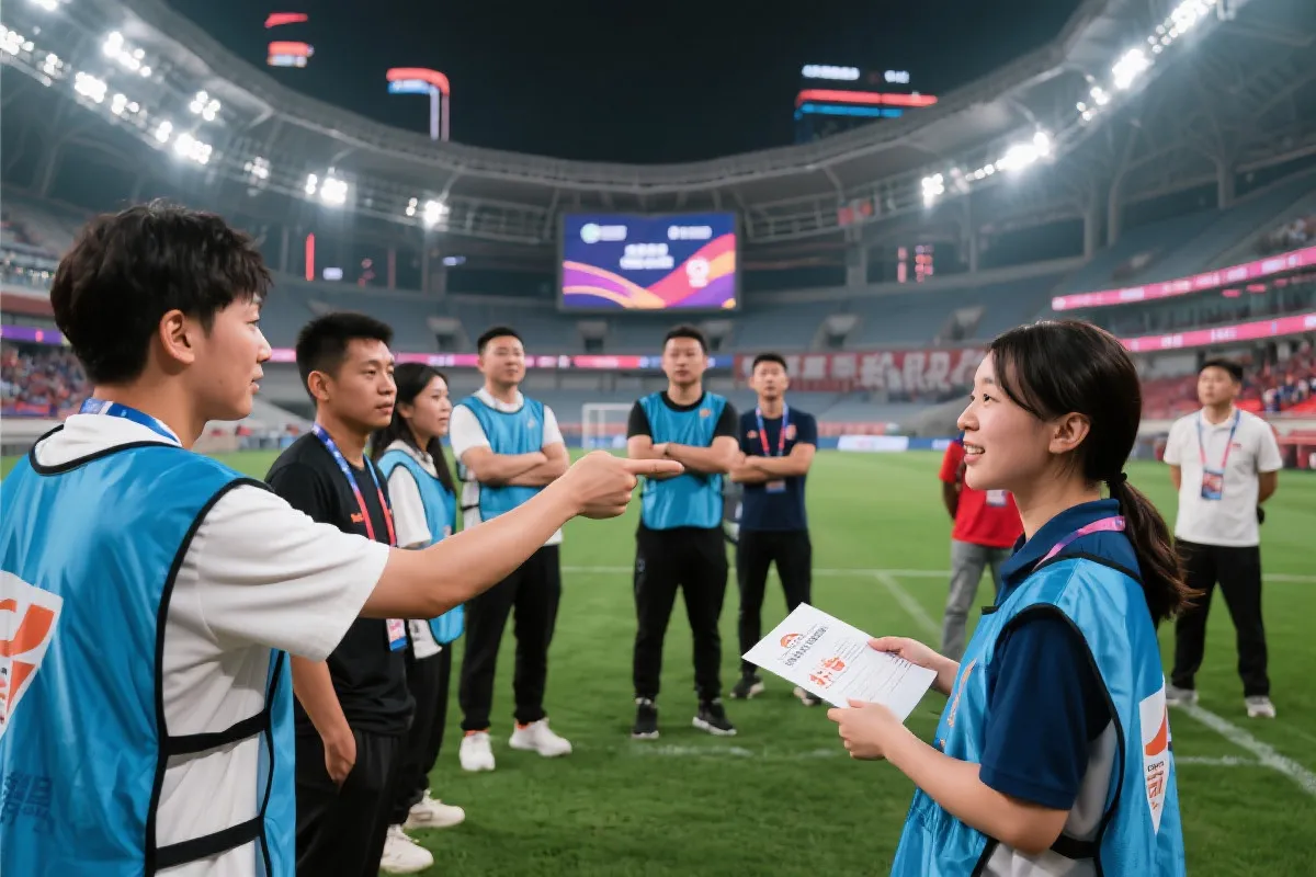 不同背景的志愿者在培训与赛场通道协作，互相交流与记录