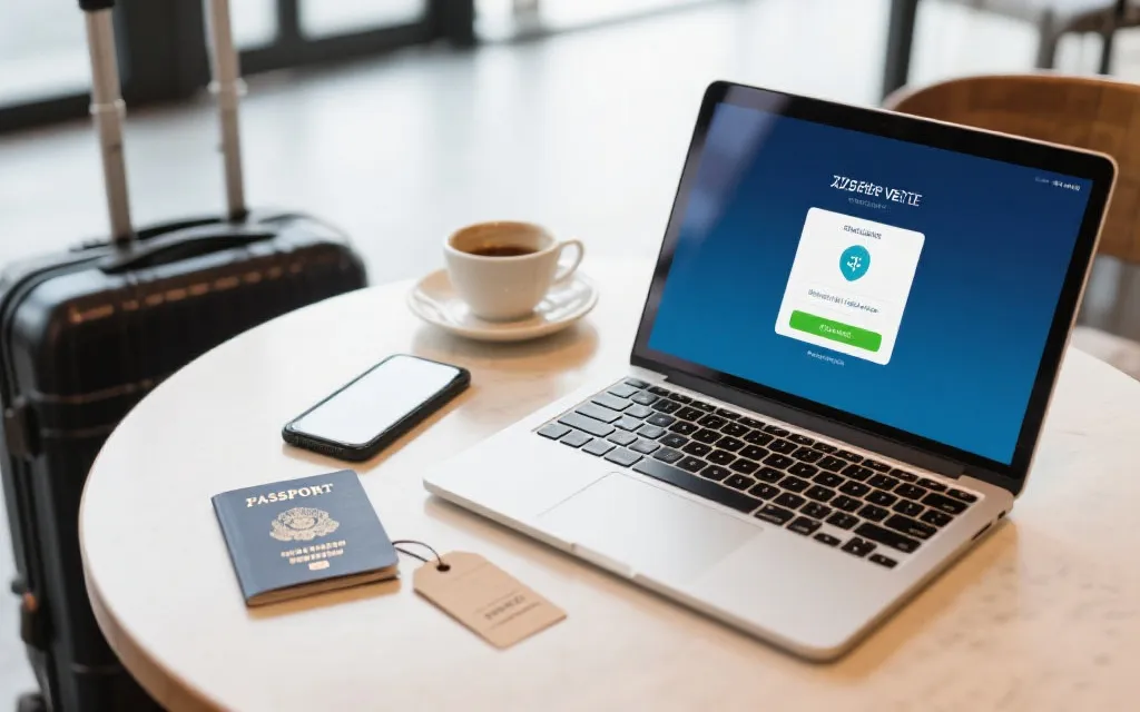 在咖啡馆使用笔记本进行安全支付与双重验证的旅行场景