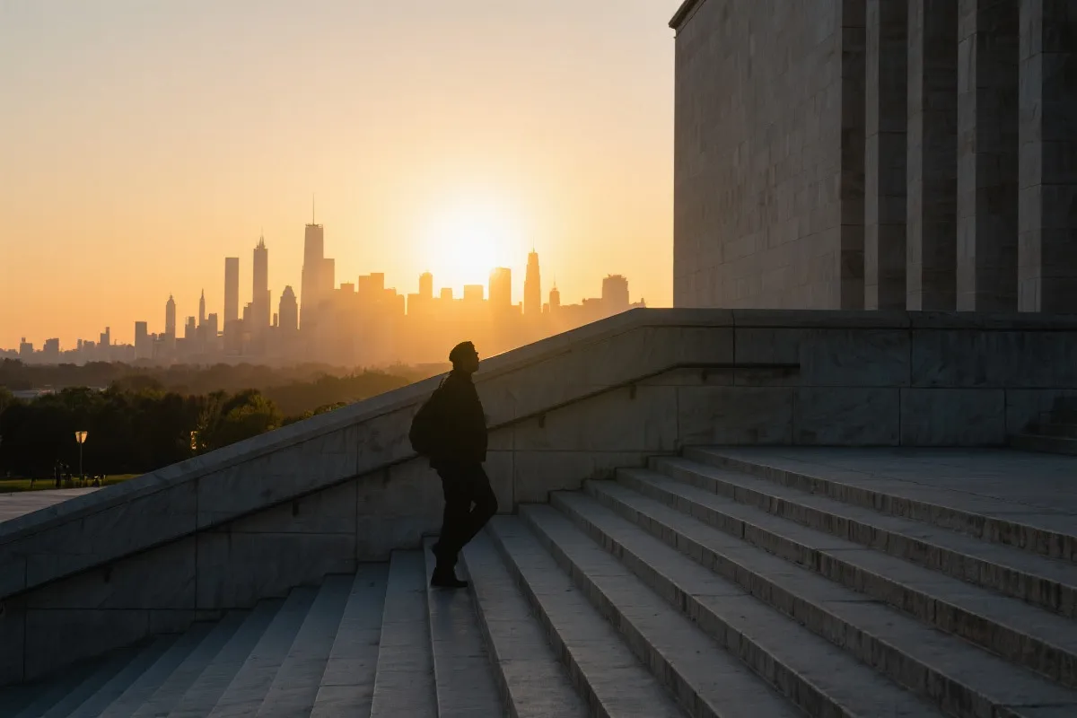 城市博物馆台阶与远处天际线，傍晚金色光线，旅行者剪影