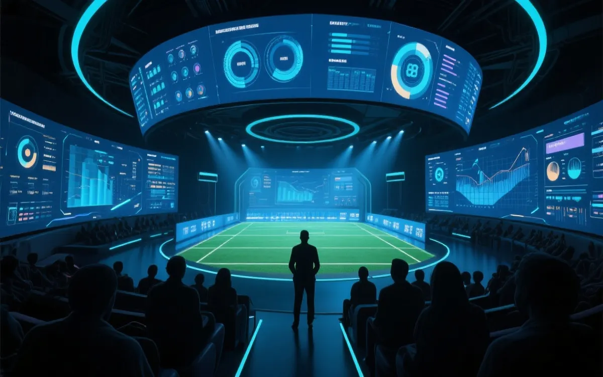 观众在沉浸式观赛空间中观看比赛，周围是数据可视化与环绕屏