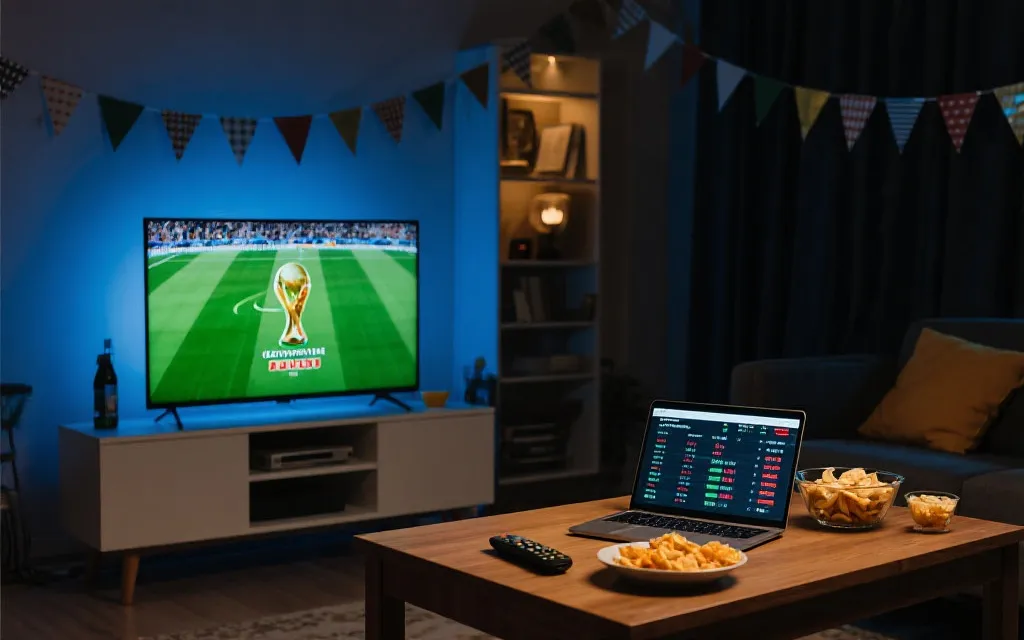 电视大屏播放决赛画面，桌面摆放遥控器与小吃的观赛场景
